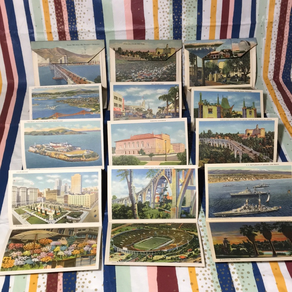 x3) 1930’s-1940’s folding postcards San Francisco Pasadena & Sunny California